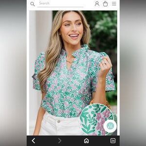 Lovelo Pink & Green Floral Ruffle-Trim Blouse